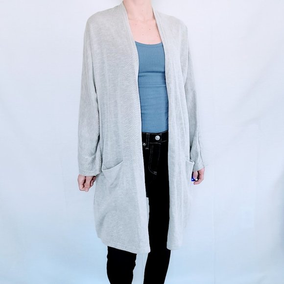 DONNI. Anthropologie Ribbed Long Line Striped Open Front Lagenlook Cardigan - Picture 3 of 10